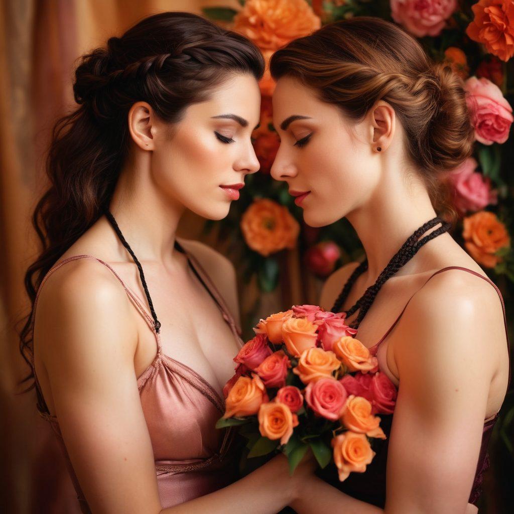 A captivating scene depicting a diverse couple, one partner with a transsexual identity, intimately exploring a romantic setting filled with subtle bondage elements like silk ropes and soft lighting. The background features warm, inviting colors and gentle floral arrangements, emphasizing a blend of sensuality and romance. Their expressions should convey emotional depth and connection, highlighting an aesthetic of love and acceptance. artistic painting. warm tones. soft focus.