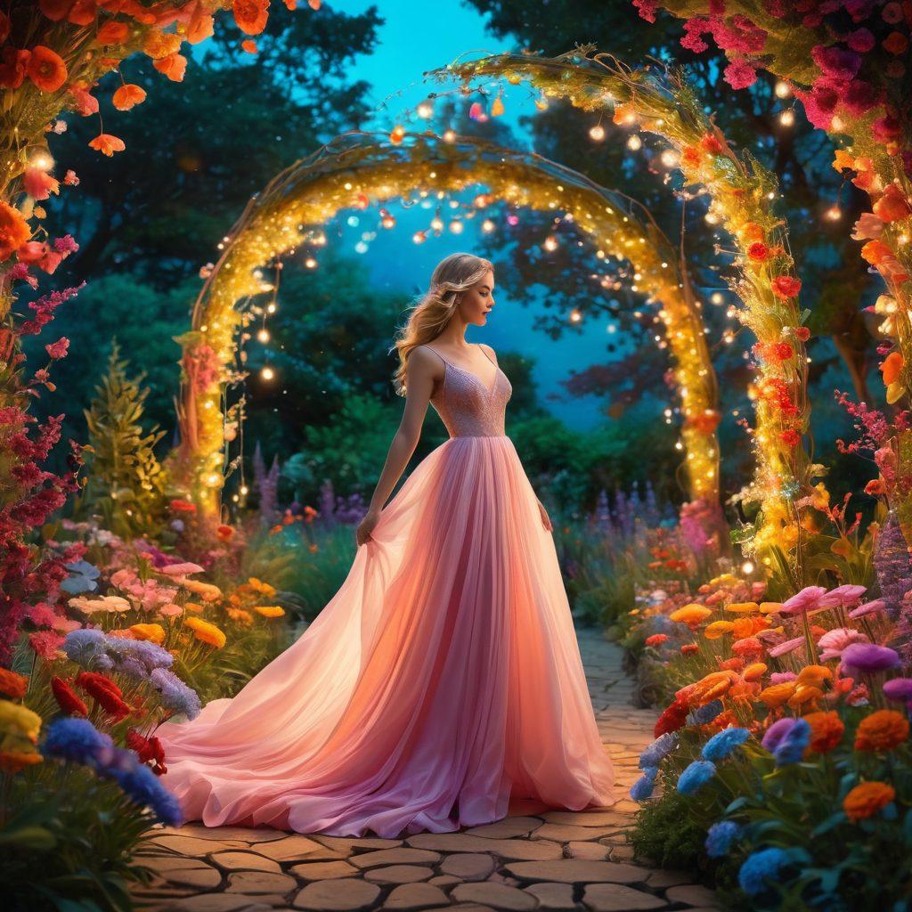 A whimsical and surreal landscape featuring diverse, vibrant characters exploring a magical garden filled with colorful flowers and soft, glowing lights. The scene portrays intimate moments of joy, love, and self-discovery, with flowing fabrics and sparkling accents enhancing the atmosphere. Include elements that symbolize freedom and exploration, like butterflies and gentle waves of color. super-realistic. vibrant colors. dreamlike ambiance.